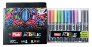 FLAIR Liquid Acrylic Marker 12 Assorted Shades With Brush Tip, High & Rich Pigmented Colours| True Opaque, Bold & Broad Strokes, Multi-Surface Use| For Abstract, Pop & Graphic Design Art