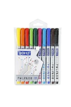 Doms F9 Fine Liner Set Of 10 Assorted Shades| 0.5 Mm Unique Push Resistant Metal Tip| Water Based Ink| Ideal For Writing, Drawing & Sketching