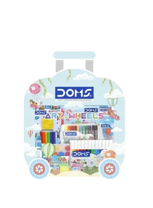 Doms Art On Wheels Assorted Stationery Items Kit+Plastic Crayons 28 Shades Round Tin Gift Pack Combo| Easy to Carry| A Fine Birthday Gift for Children