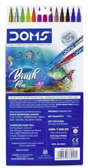 DOMS Brush Pen Box Pack | Flexible & Soft Tip That Gives Water Color Effect | Includes One Silver & Gold Shade Inside | Lightweight Brush Pens For Kids | Set Of 26 Shades
