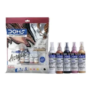 DOMS Metallic Fluid Acrylic Colour | 5 Assorted Metallic Colours Bronze, Rose Gold, Gold,Silver, Black of 25ml Each | 10 X 10 cm & 20 X 20 cm Canvas Board | 2 Gloves